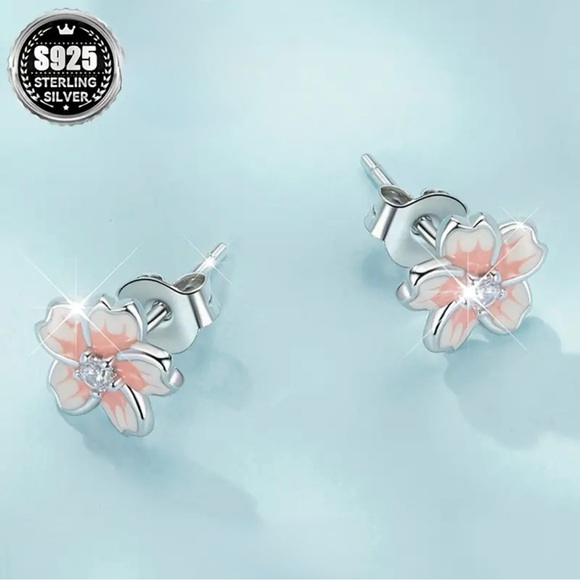 Sterling Silver Pink Flower Earrings - Picture 3 of 6